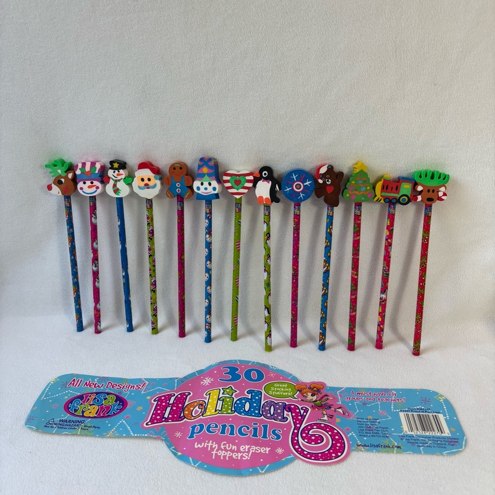 Rare Vintage New Lot of 13 Lisa Frank Holiday Pencils with fun eraser toppers